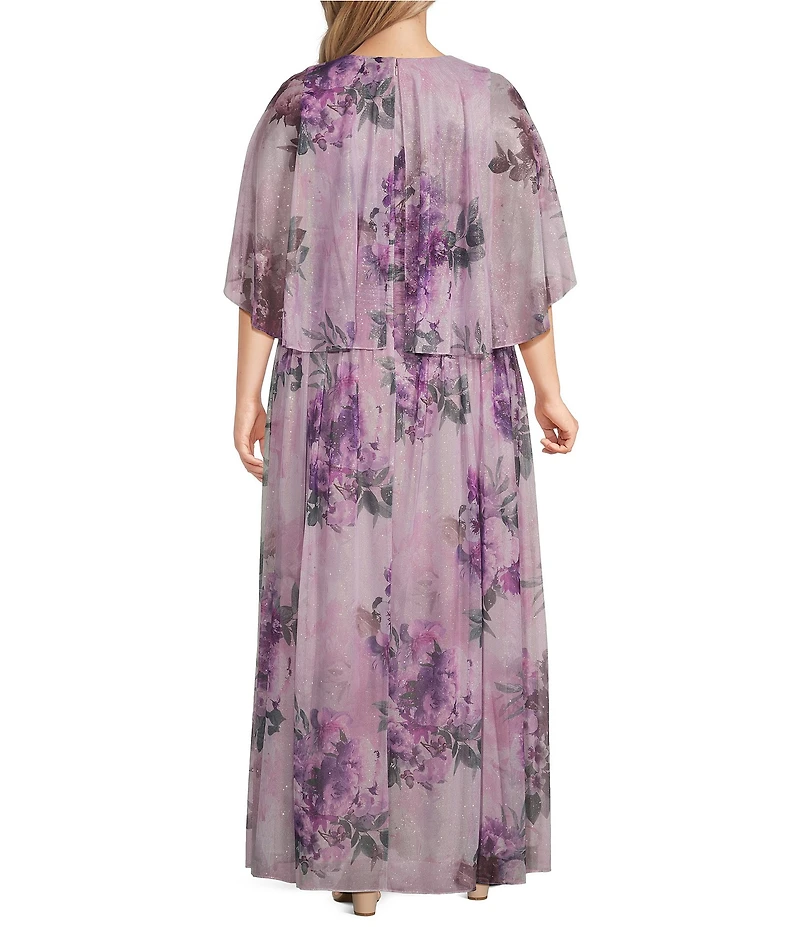 Ignite Evenings Plus Size Capelet Sleeve V-Neck Ruched Waist Floral Gown