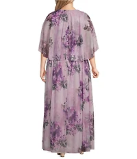 Ignite Evenings Plus Size Capelet Sleeve V-Neck Ruched Waist Floral Gown