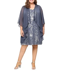 Ignite Evenings Plus Size Chiffon 3/4 Sleeve Open Jacket Foil Print A-Line Dress