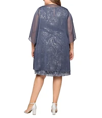 Ignite Evenings Plus Size Chiffon 3/4 Sleeve Open Jacket Foil Print A-Line Dress
