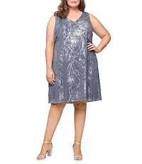 Ignite Evenings Plus Size Chiffon 3/4 Sleeve Open Jacket Foil Print A-Line Dress