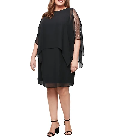 Ignite Evenings Plus Size Chiffon Embellished Scoop Neck 3/4 Sleeve Overlay Dress
