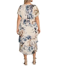 Ignite Evenings Plus Size Chiffon Embellished Shoulder Cap Sleeve Crew Neck Floral Tiered Midi Dress