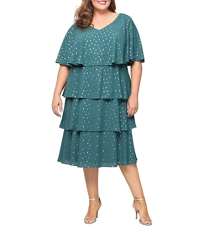 Ignite Evenings Plus Size Chiffon Tea Length Tiered Foiled Midi Dress