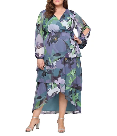 Ignite Evenings Plus Size Chiffon V-Neck Long Split Sleeve Faux Wrap Floral Print High-Low Hem Tiered Maxi Dress
