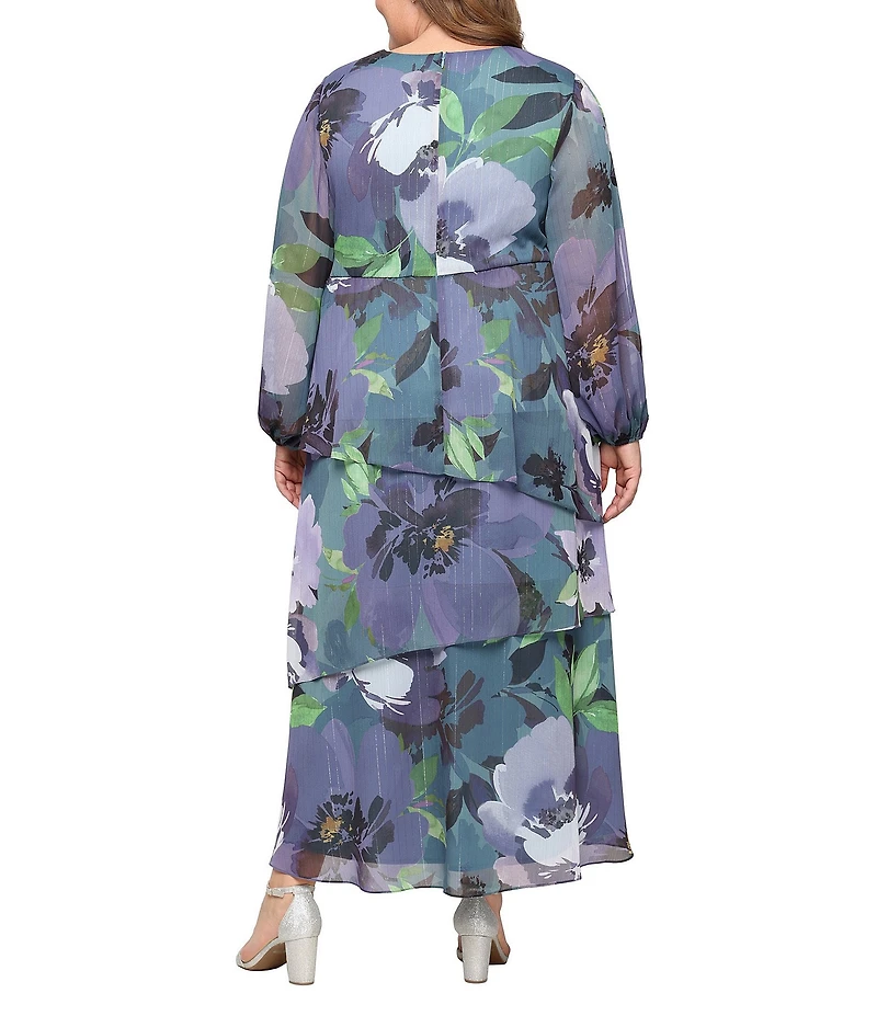 Ignite Evenings Plus Size Chiffon V-Neck Long Split Sleeve Faux Wrap Floral Print High-Low Hem Tiered Maxi Dress