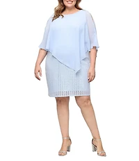 Ignite Evenings Plus Size Crotchet Lace Asymmetric Chiffon Overlay Dress