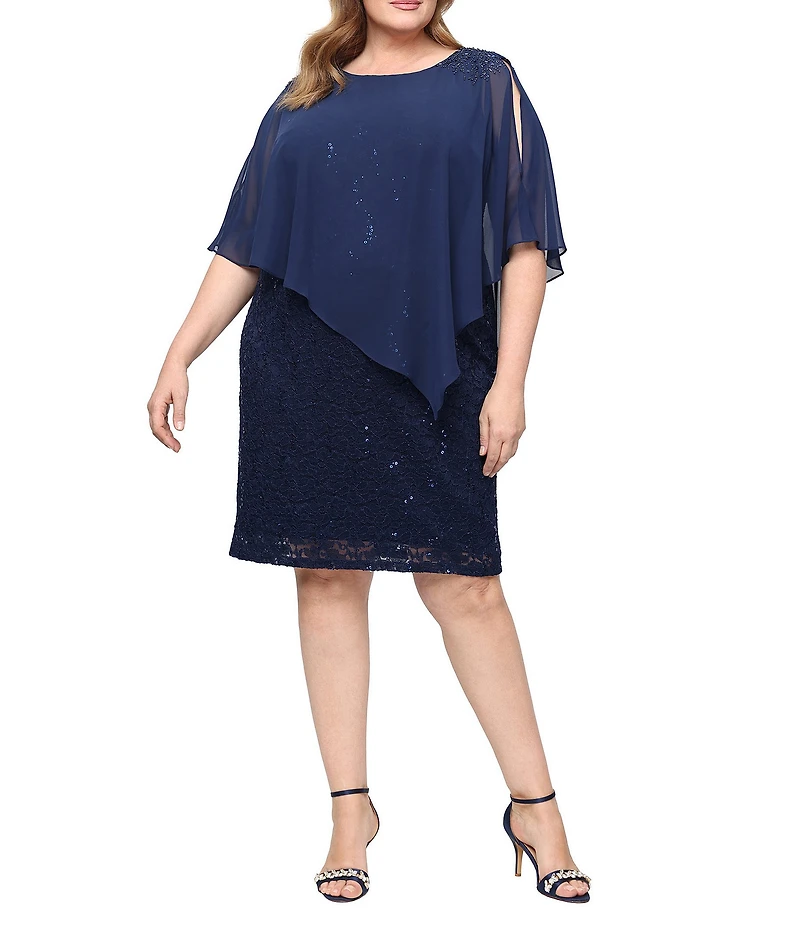 Ignite Evenings Plus Size Embellished Lace Sheath Caplet Short Dress