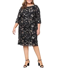 Ignite Evenings Plus Size Floral Embroidered Sequin Scoop Neck 3/4 Sleeve Ruched Waist Sheath Dress