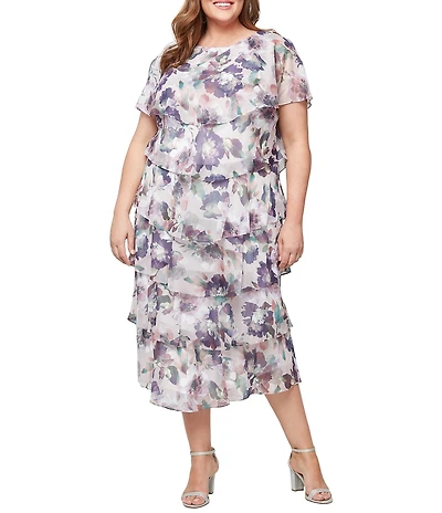 Ignite Evenings Plus Size Floral Print Chiffon Scoop Neck Capelet Short Sleeve Tiered Midi Dress