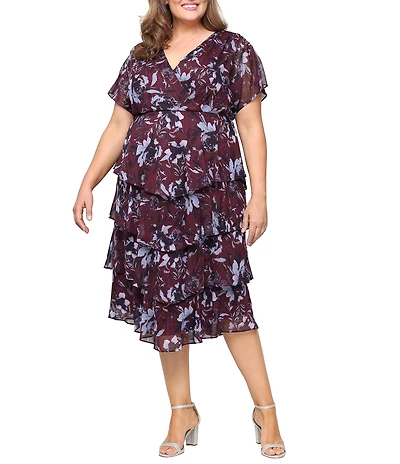 Ignite Evenings Plus Size Floral Print Chiffon Tea Length Flutter Sleeve Tiered Dress