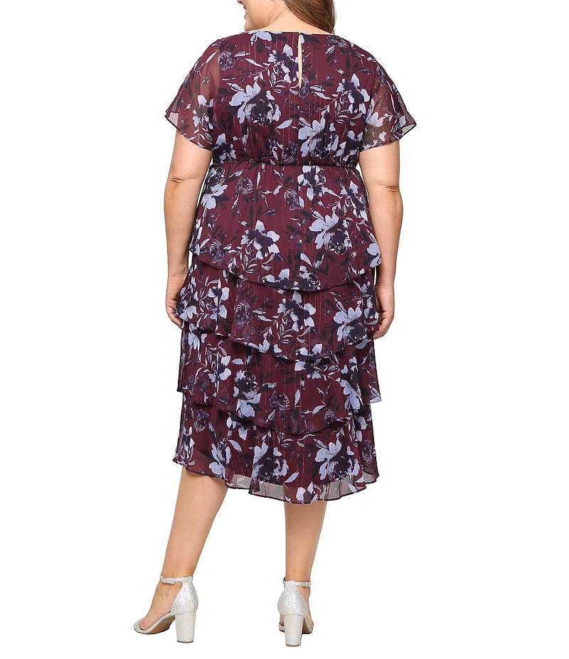 Ignite Evenings Plus Size Floral Print Chiffon Tea Length Flutter Sleeve Tiered Dress