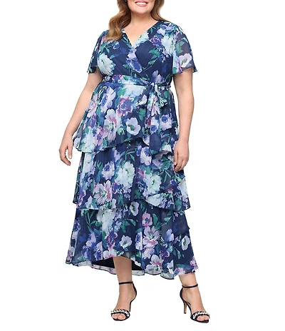 Ignite Evenings Plus Size Floral Print Chiffon Tie Belt Maxi Dress