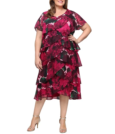 Ignite Evenings Plus Size Floral Print Chiffon V-Neck Short Flutter Sleeve Tiered Midi Dress