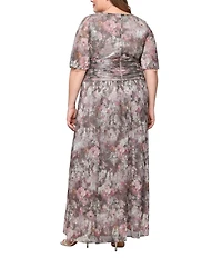 Ignite Evenings Plus Size Metallic Bodre Floral Print V-Neck Short Sleeve Ruched A-Line Dress