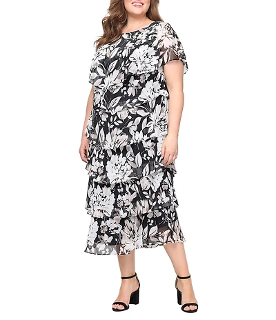 Ignite Evenings Plus Size Floral Print Tiered Midi Dress