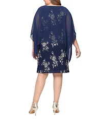 Ignite Evenings Plus Size Foil Print Boat Neck 3/4 Sleeve Chiffon Overlay Sheath Dress