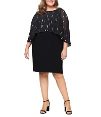 Ignite Evenings Plus Size Foil Print Chiffon Overlay Capelet Sleeve Short Matte Jersey Dress