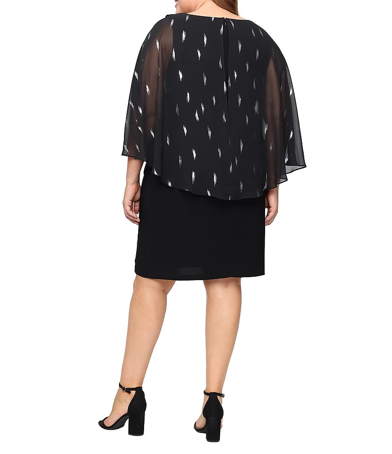 Ignite Evenings Plus Size Foil Print Chiffon Overlay Capelet Sleeve Short Matte Jersey Dress