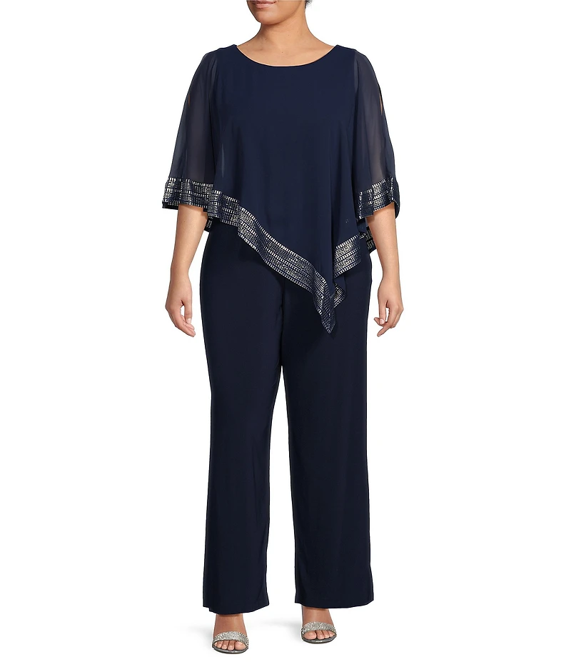Ignite Evenings Plus Size Foil Trim Round Neck Asymmetric Cape 3/4 Sleeve Jumpsuit