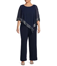 Ignite Evenings Plus Size Foil Trim Round Neck Asymmetric Cape 3/4 Sleeve Jumpsuit