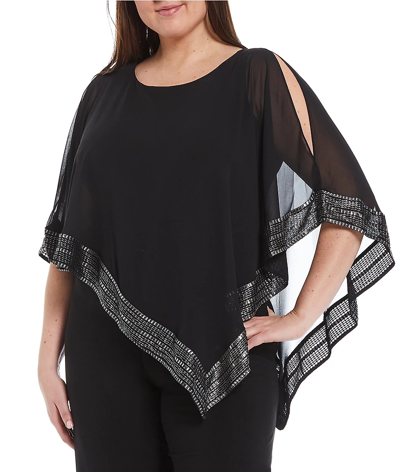 Ignite Evenings Plus Size Foil Trim Round Neck Asymmetric Cape 3/4 Sleeve Jumpsuit