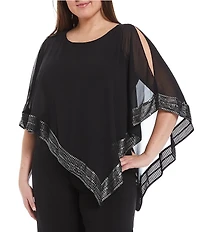 Ignite Evenings Plus Size Foil Trim Round Neck Asymmetric Cape 3/4 Sleeve Jumpsuit