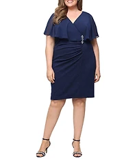 Ignite Evenings Plus Size Glitter Knit Embellished Waist Detail Chiffon Overlay Dress