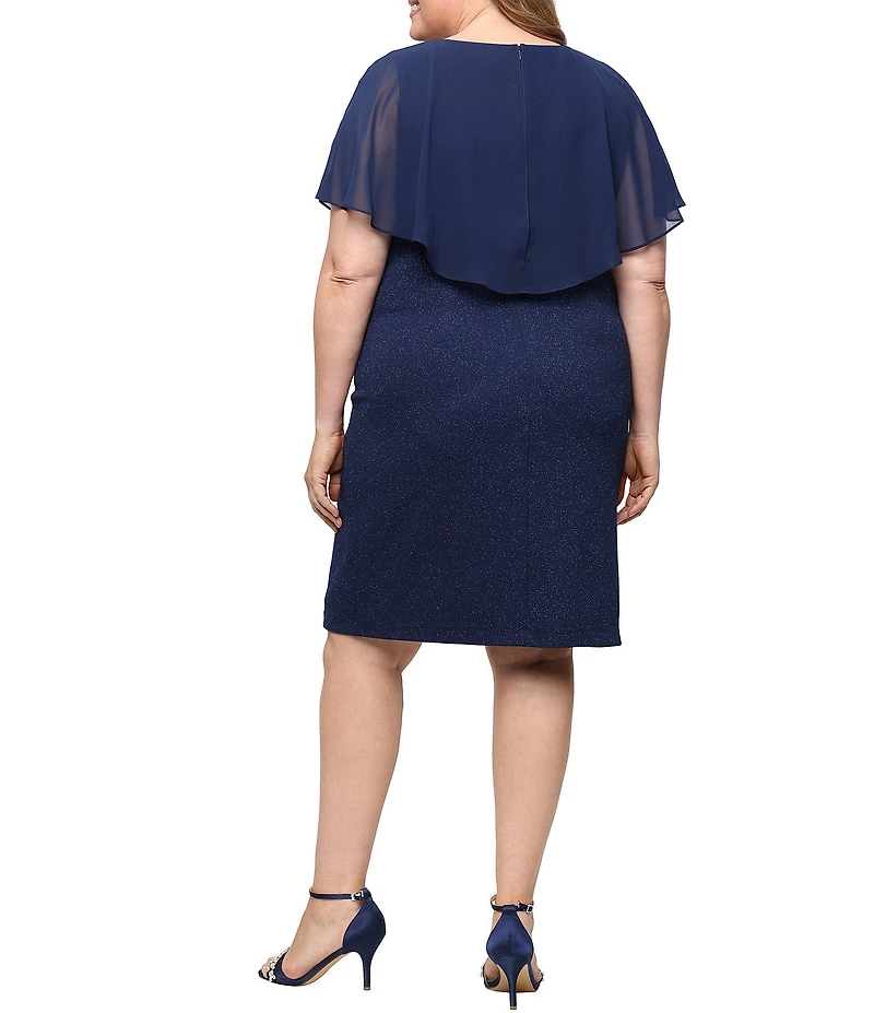 Ignite Evenings Plus Size Glitter Knit Embellished Waist Detail Chiffon Overlay Dress