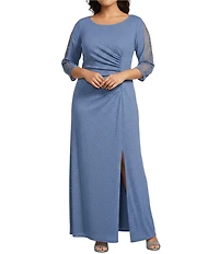 Ignite Evenings Plus Size Glitter Knit Round Neck Embellished 3/4 Sleeve Ruched Gown