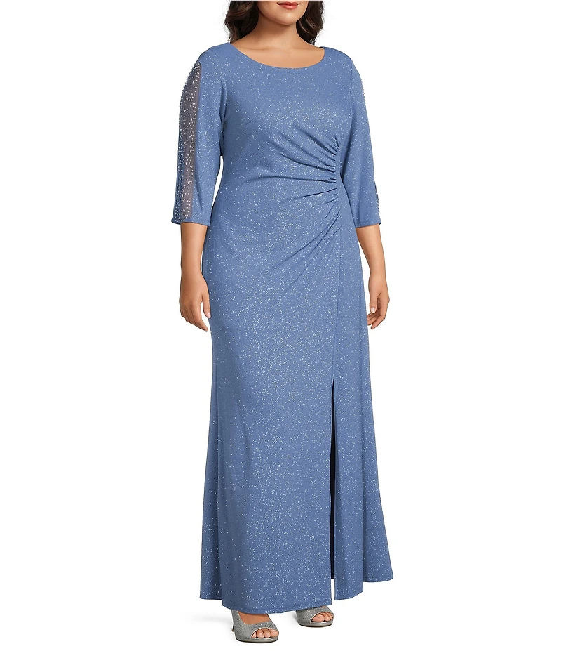 Ignite Evenings Plus Size Glitter Knit Round Neck Embellished 3/4 Sleeve Ruched Gown