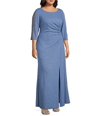 Ignite Evenings Plus Size Glitter Knit Round Neck Embellished 3/4 Sleeve Ruched Gown