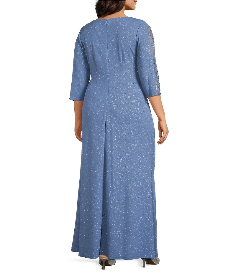 Ignite Evenings Plus Size Glitter Knit Round Neck Embellished 3/4 Sleeve Ruched Gown