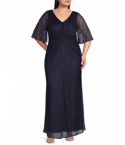 Ignite Evenings Plus Size Glitter Mesh Beaded V-Neck Long Dress