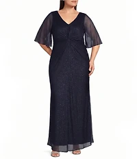 Ignite Evenings Plus Size Glitter Mesh Beaded V-Neck Long Dress