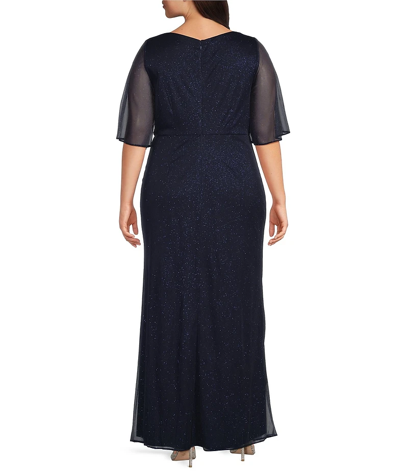 Ignite Evenings Plus Size Glitter Mesh Beaded V-Neck Long Dress