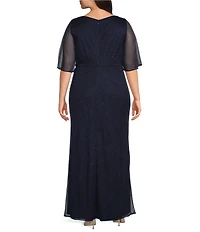 Ignite Evenings Plus Size Glitter Mesh Beaded V-Neck Long Dress