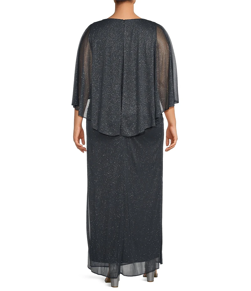 Ignite Evenings Plus Size Glitter Mesh Crew Neck Cold Shoulder Capelet Sheath Dress