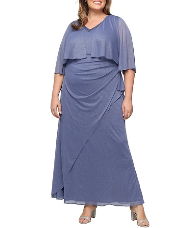 Ignite Evenings Plus Size Glitter Mesh Embellished Neck Jacket Dress