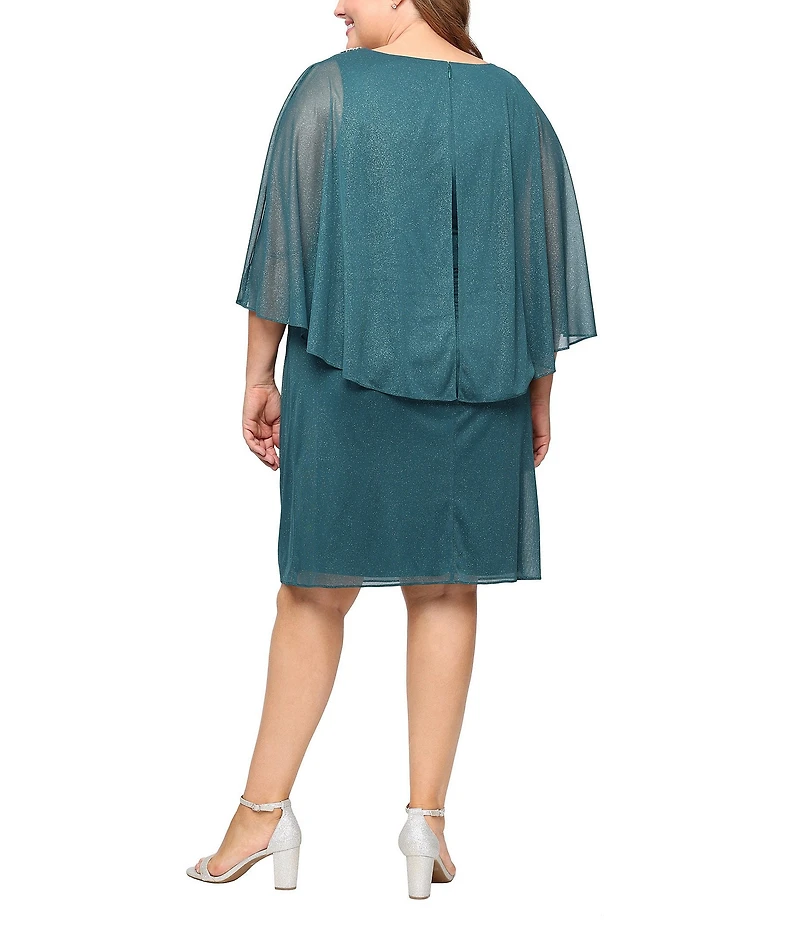 Ignite Evenings Plus Size Glitter Mesh Overlay Bodice Capelet Sleeve Sheath Dress