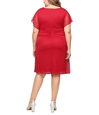 Ignite Evenings Plus Size Glitter Mesh Scoop Neck Flutter Sleeve Ruched Waist Blouson Dress