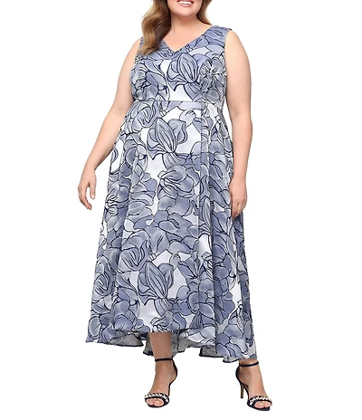 Ignite Evenings Plus Size High-Low Hem Sleeveless Jacquard Long Dress