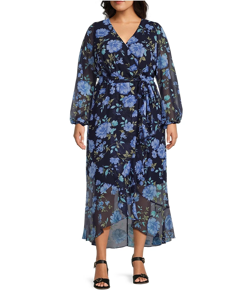 Ignite Evenings Plus Size Long Sleeve V-Neck Tie Waist Floral Chiffon Maxi Dress