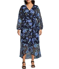 Ignite Evenings Plus Size Long Sleeve V-Neck Tie Waist Floral Chiffon Maxi Dress