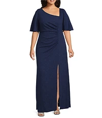 Ignite Evenings Plus Size Metallic Knit L-Neck Gown