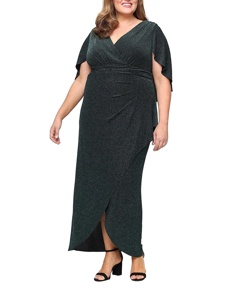 Ignite Evenings Plus Size Metallic Knit Surplice Neck Capelet Overlay Sleeve Ruched Waist Gown