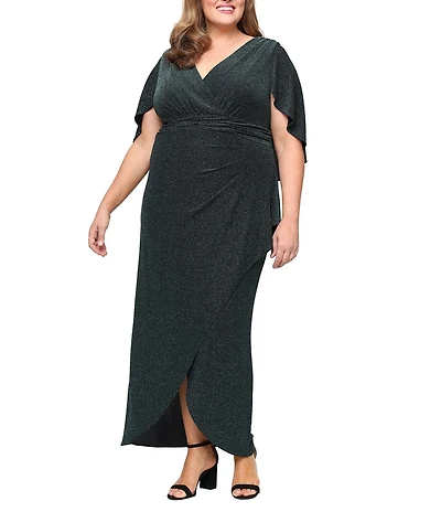 Ignite Evenings Plus Size Metallic Knit Surplice Neck Capelet Overlay Sleeve Ruched Waist Gown