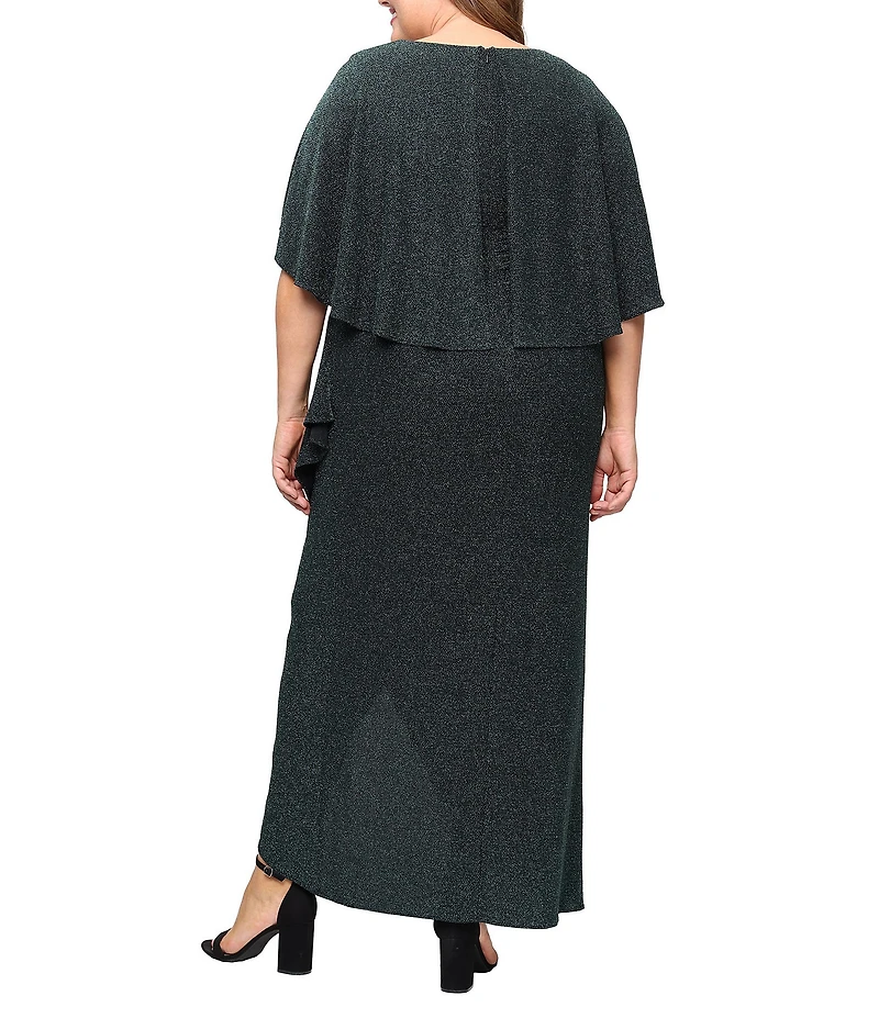 Ignite Evenings Plus Size Metallic Knit Surplice Neck Capelet Overlay Sleeve Ruched Waist Gown