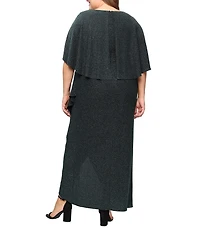Ignite Evenings Plus Size Metallic Knit Surplice Neck Capelet Overlay Sleeve Ruched Waist Gown