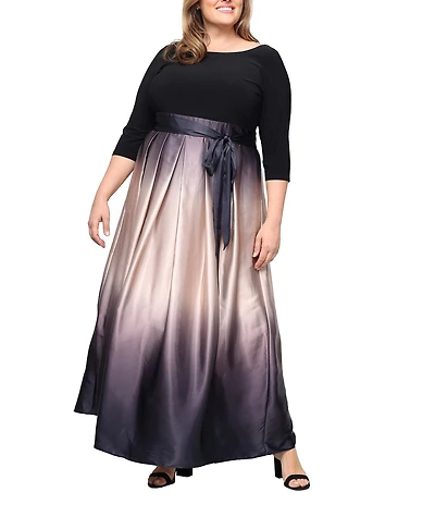 Ignite Evenings Plus Size Ombre Satin 3/4 Sleeve Round Neck Ribbon Belted Detail Ball Gown